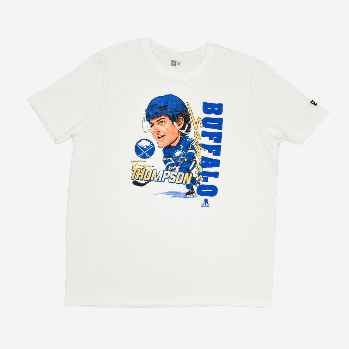 New Era Buffalo Sabres Tage Thompson white T-shirt with illustrated player graphic and team logos