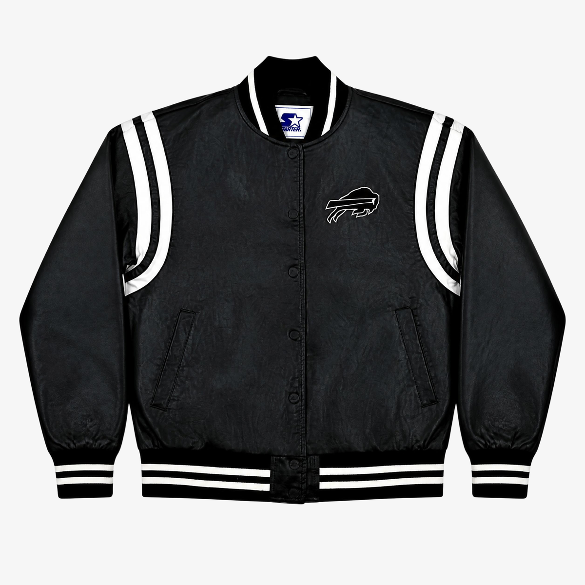 Buffalo Bills black Starter varsity jacket with white stripes and BILLS lettering on back