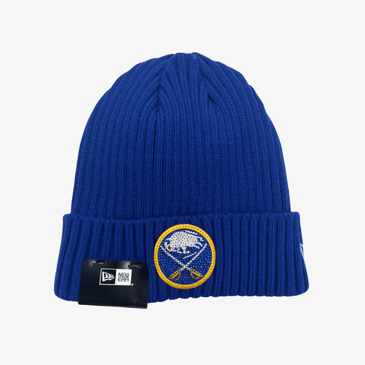 New Era Buffalo Sabres royal blue ribbed cuffed knit hat featuring a crossed-swords team logo embellished with sparkling rhinestones and gold embroidery.