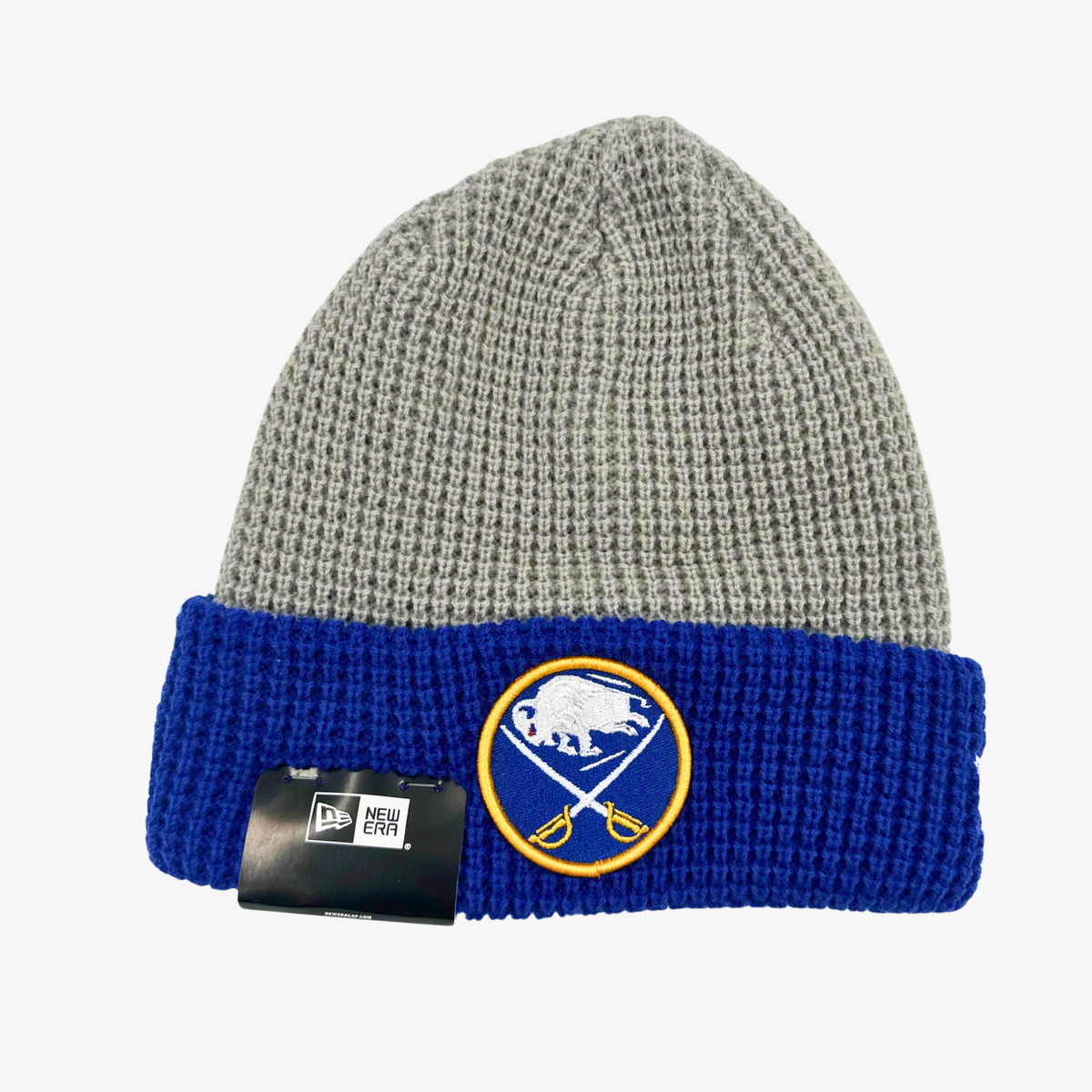 New Era Buffalo Sabres gray waffle knit hat with royal blue cuff and embroidered team logo