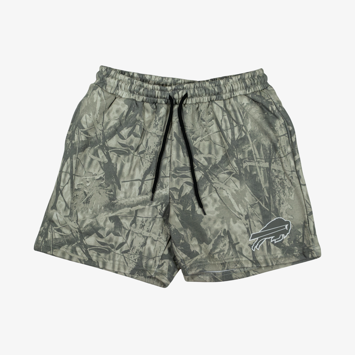 Buffalo Bills woodland camouflage shorts featuring an allover green and gray tree branch pattern, tonal charging buffalo logo on the leg, elastic waistband, and black drawstring.