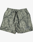 Buffalo Bills woodland camouflage shorts featuring an allover green and gray tree branch pattern, tonal charging buffalo logo on the leg, elastic waistband, and black drawstring.