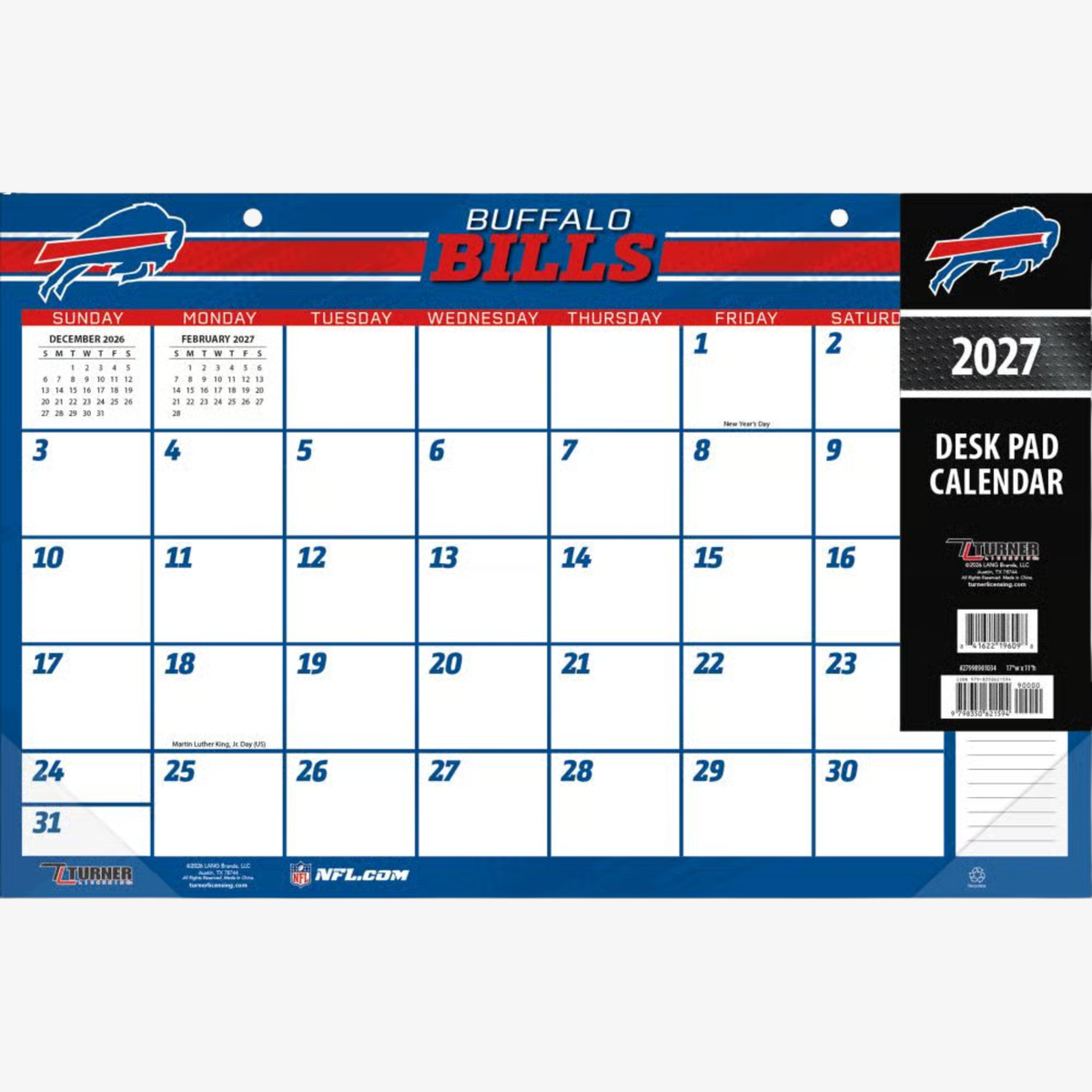 Buffalo Bills 2027 desk pad calendar featuring a monthly planning grid, royal blue and red team graphics, charging buffalo logos, and a notes section.