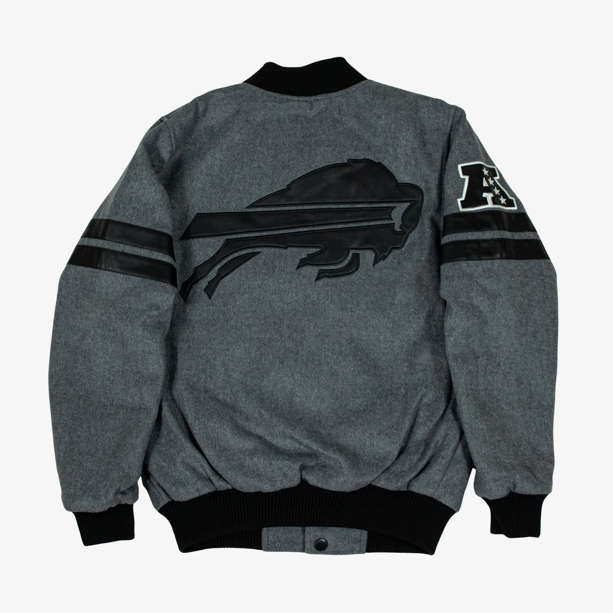 Back view of Starter Buffalo Bills charcoal gray varsity jacket featuring an oversized tonal black charging buffalo logo, AFC sleeve patch, and black ribbed trim.