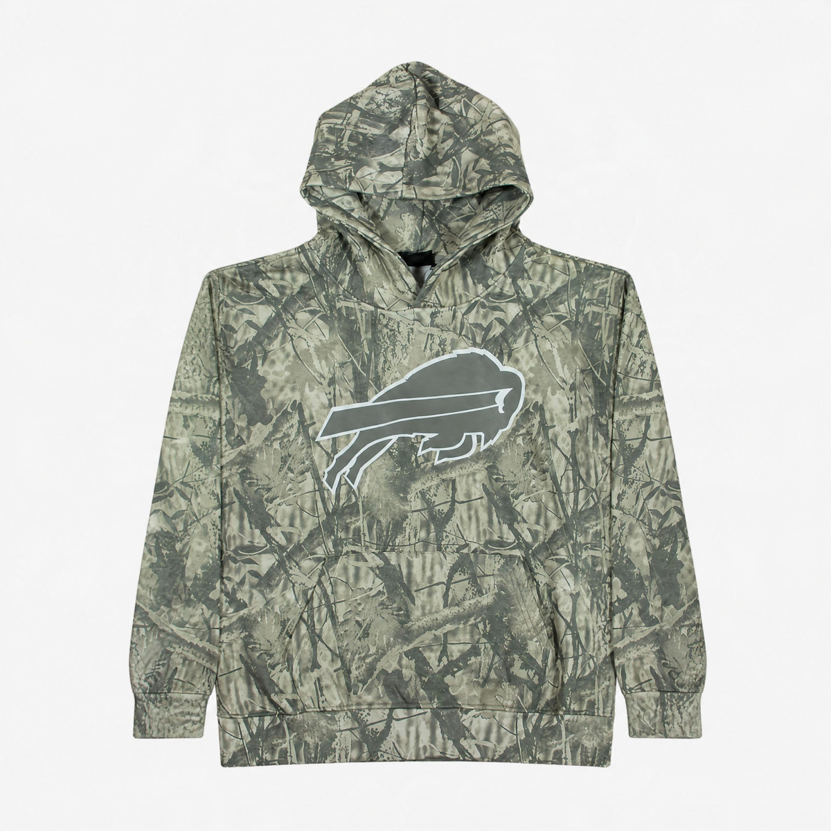 Buffalo Bills woodland camouflage pullover hoodie featuring an allover green and gray tree branch pattern, tonal charging buffalo logo, kangaroo pocket, and hood.