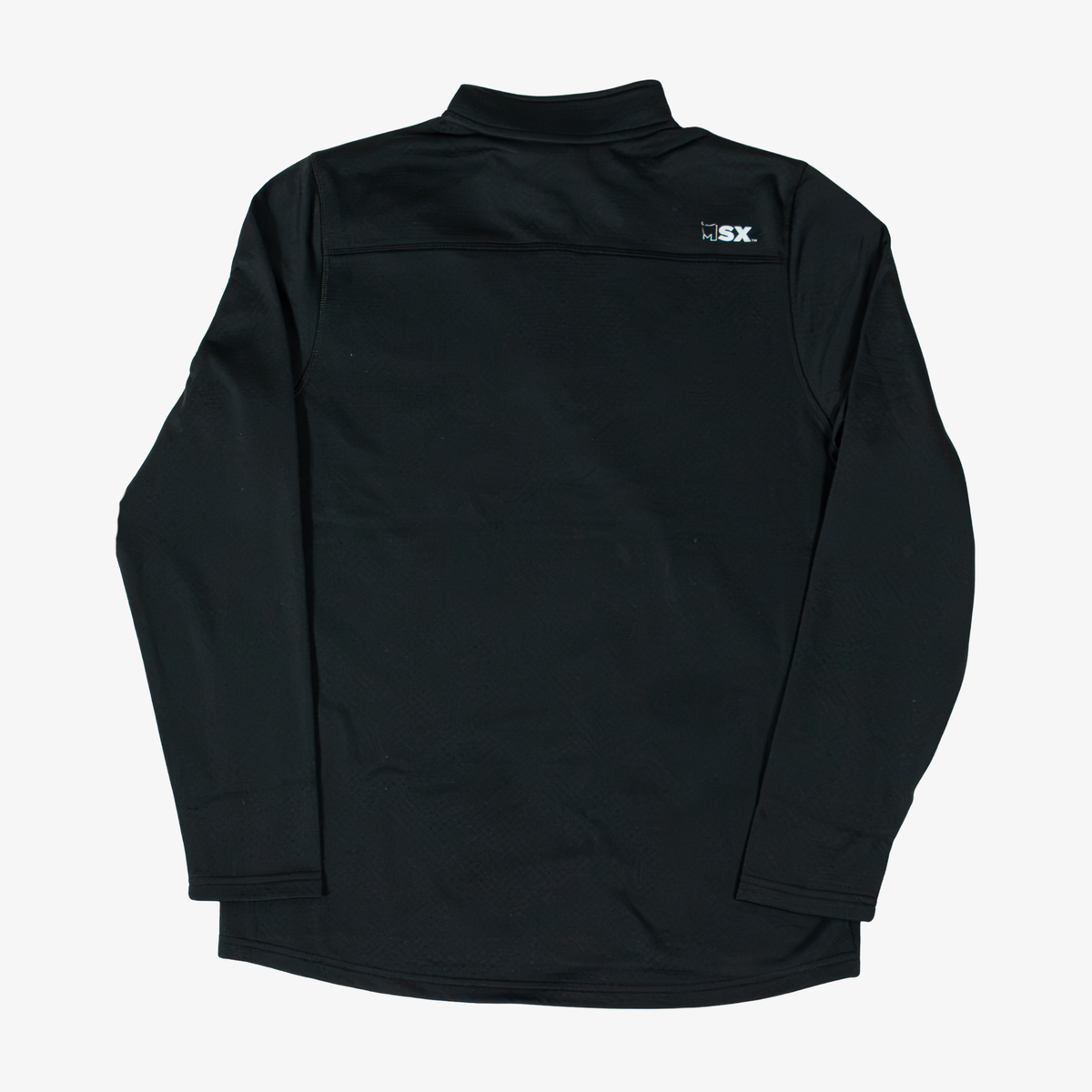 Back view of black MSX by Michael Strahan Buffalo Bills quarter-zip pullover featuring long sleeves, athletic seam detailing, and a small MSX logo near the upper back.