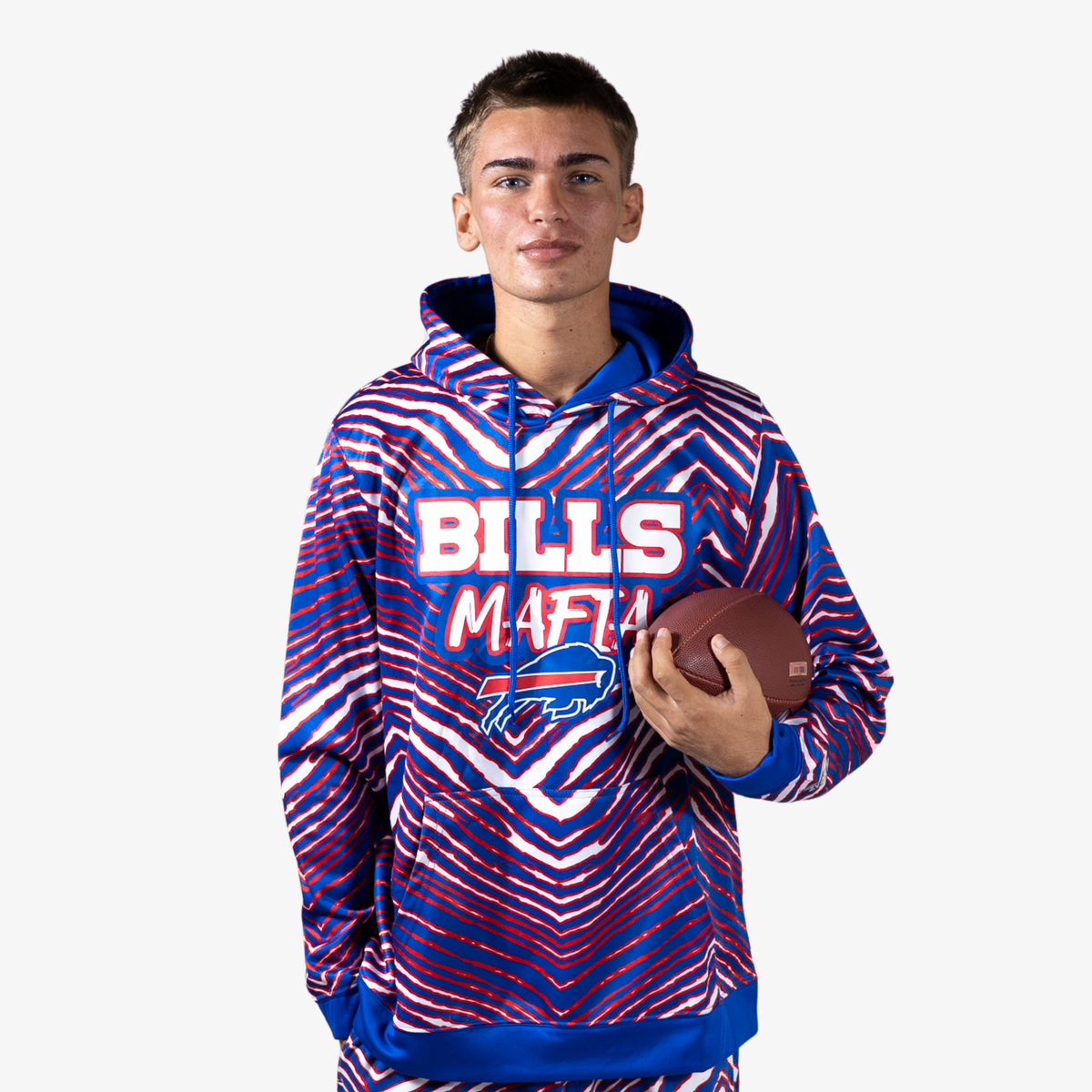 Zubaz Buffalo Bills royal, red and white zebra hoodie with Bills Mafia lettering and team logo