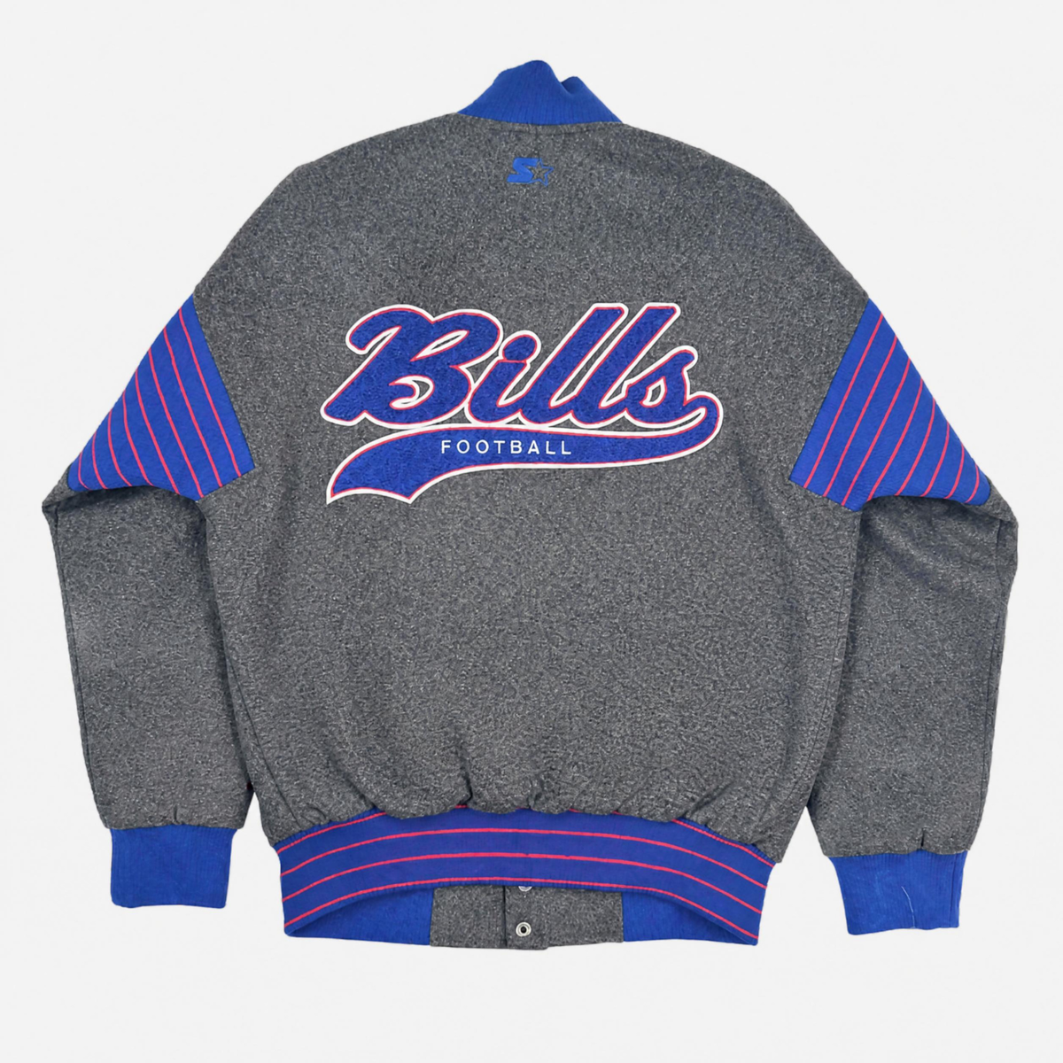 Buffalo Bills charcoal Starter varsity jacket with blue and red stripes and Bills Football back design