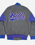 Buffalo Bills charcoal Starter varsity jacket with blue and red stripes and Bills Football back design