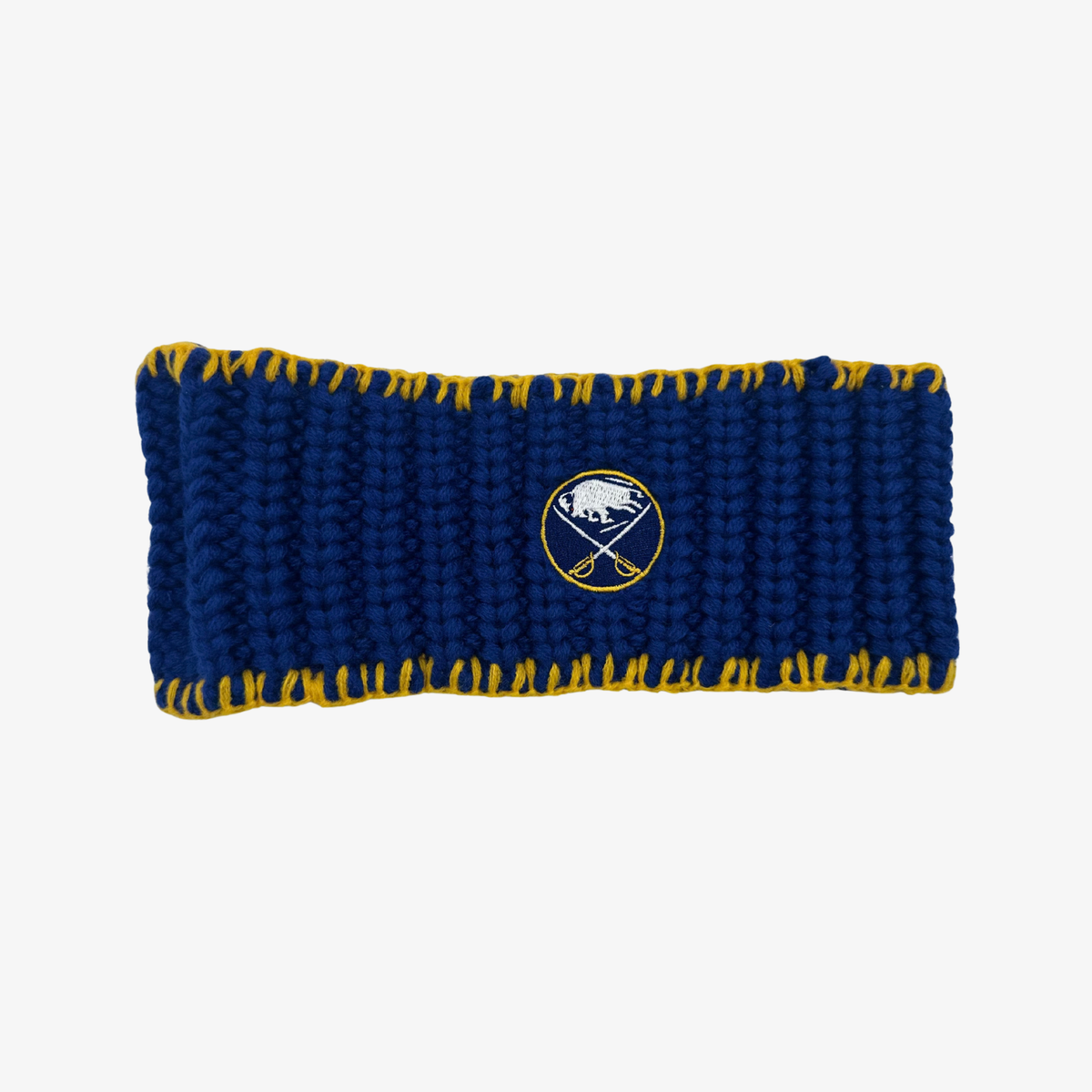 '47 Brand Women's Buffalo Sabres royal blue knit headband featuring an embroidered crossed-swords logo and gold stitching along the edges.