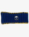'47 Brand Women's Buffalo Sabres royal blue knit headband featuring an embroidered crossed-swords logo and gold stitching along the edges.