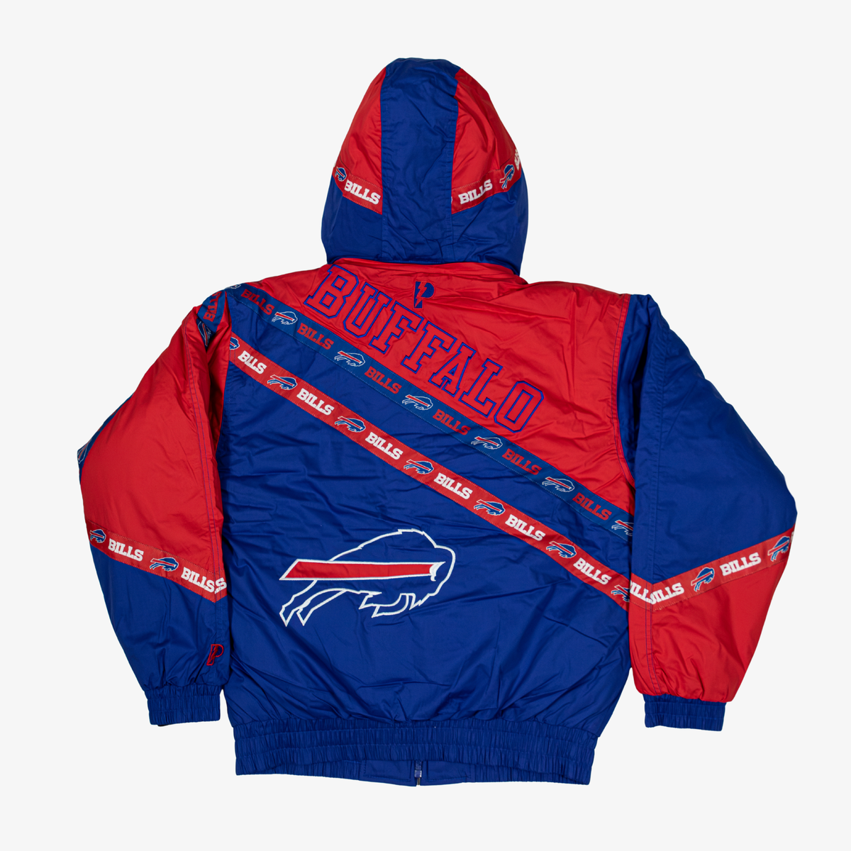 Back view of Pro Player Buffalo Bills royal blue and red retro hooded jacket featuring oversized BUFFALO lettering, diagonal Bills logo stripes, and a large charging buffalo logo.
