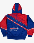 Back view of Pro Player Buffalo Bills royal blue and red retro hooded jacket featuring oversized BUFFALO lettering, diagonal Bills logo stripes, and a large charging buffalo logo.
