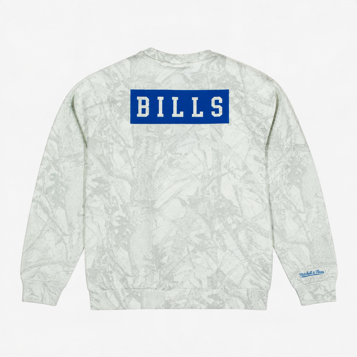 Back of Mitchell &amp; Ness Buffalo Bills Ghosted Camo Crewneck Sweatshirt featuring a royal blue BILLS wordmark graphic and allover light gray camouflage pattern.