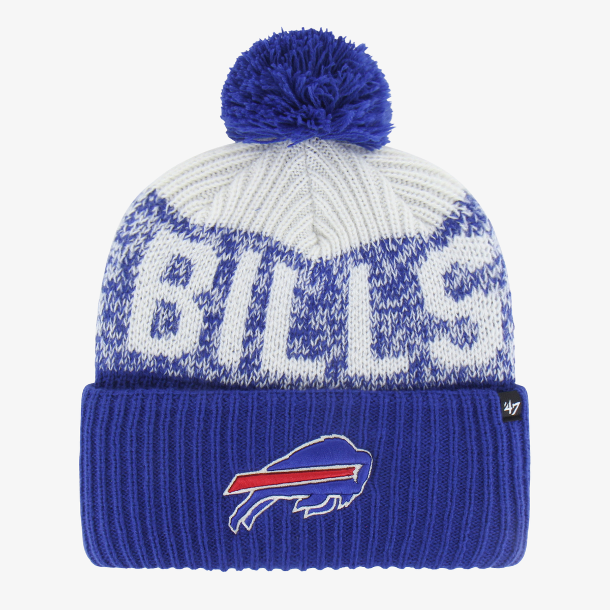 '47 Brand Buffalo Bills royal blue and cream-white knit pom beanie featuring oversized BILLS lettering, embroidered charging buffalo logo on a blue cuff, and matching blue yarn pom.