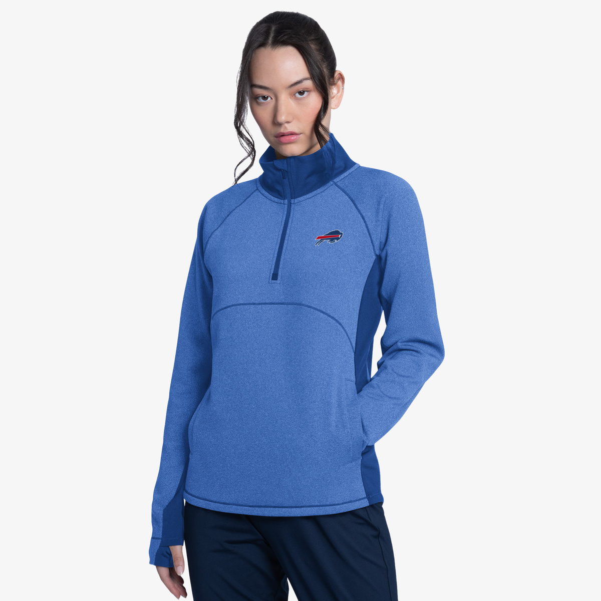 Buffalo Bills women's royal blue performance quarter-zip pullover with contrast panels and team logo
