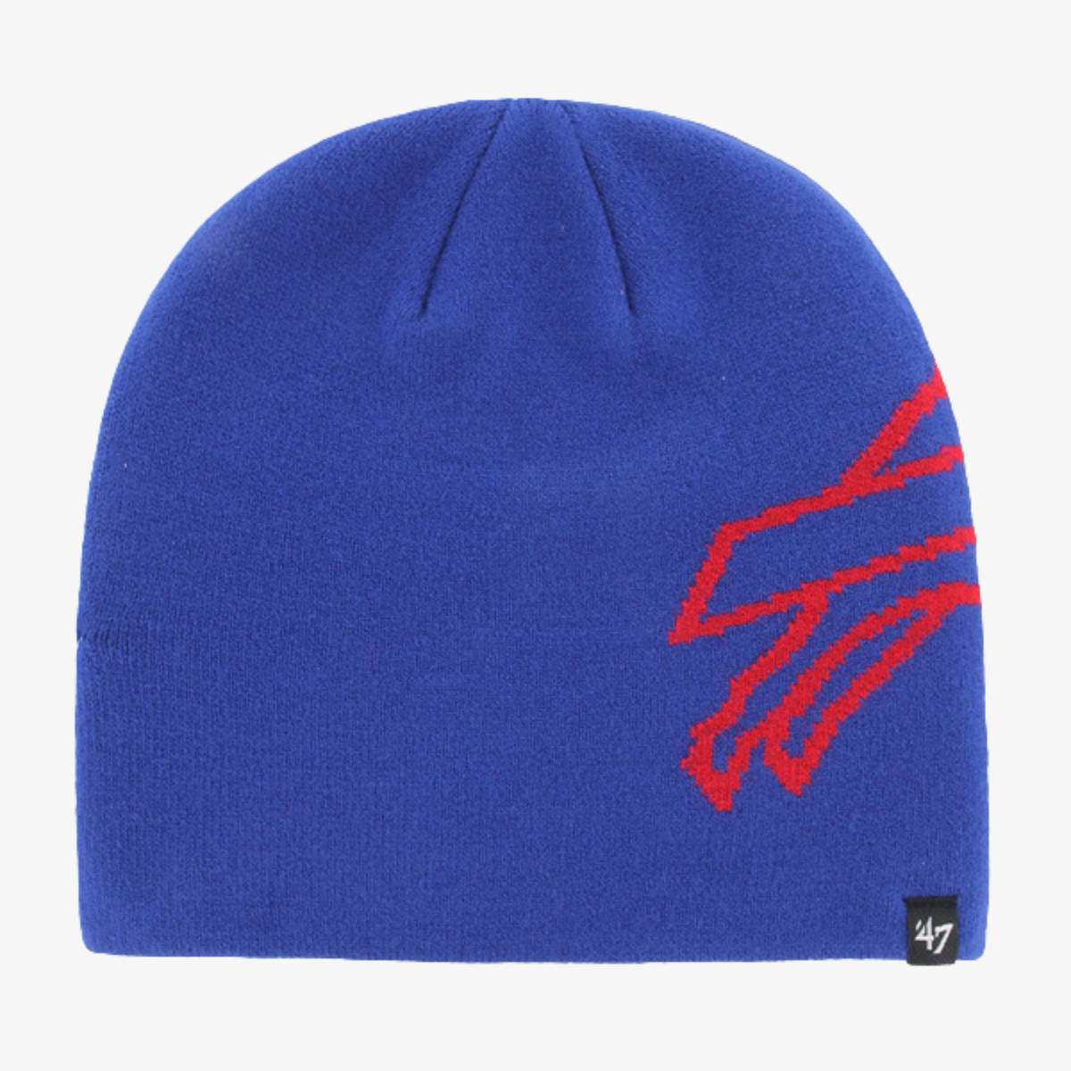 '47 Brand Buffalo Bills royal blue cuffless knit beanie featuring an oversized red charging buffalo logo wrapping around the side and a small '47 Brand woven label.