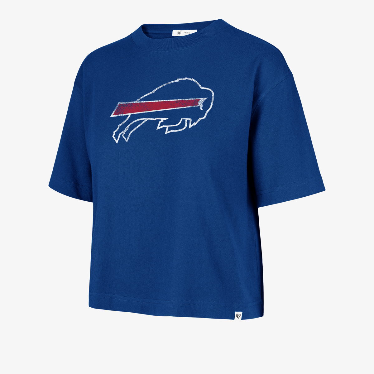 '47 Brand women's Buffalo Bills royal blue cropped t-shirt featuring a distressed charging buffalo logo with white outline and red stripe, crew neckline, and relaxed boxy fit.