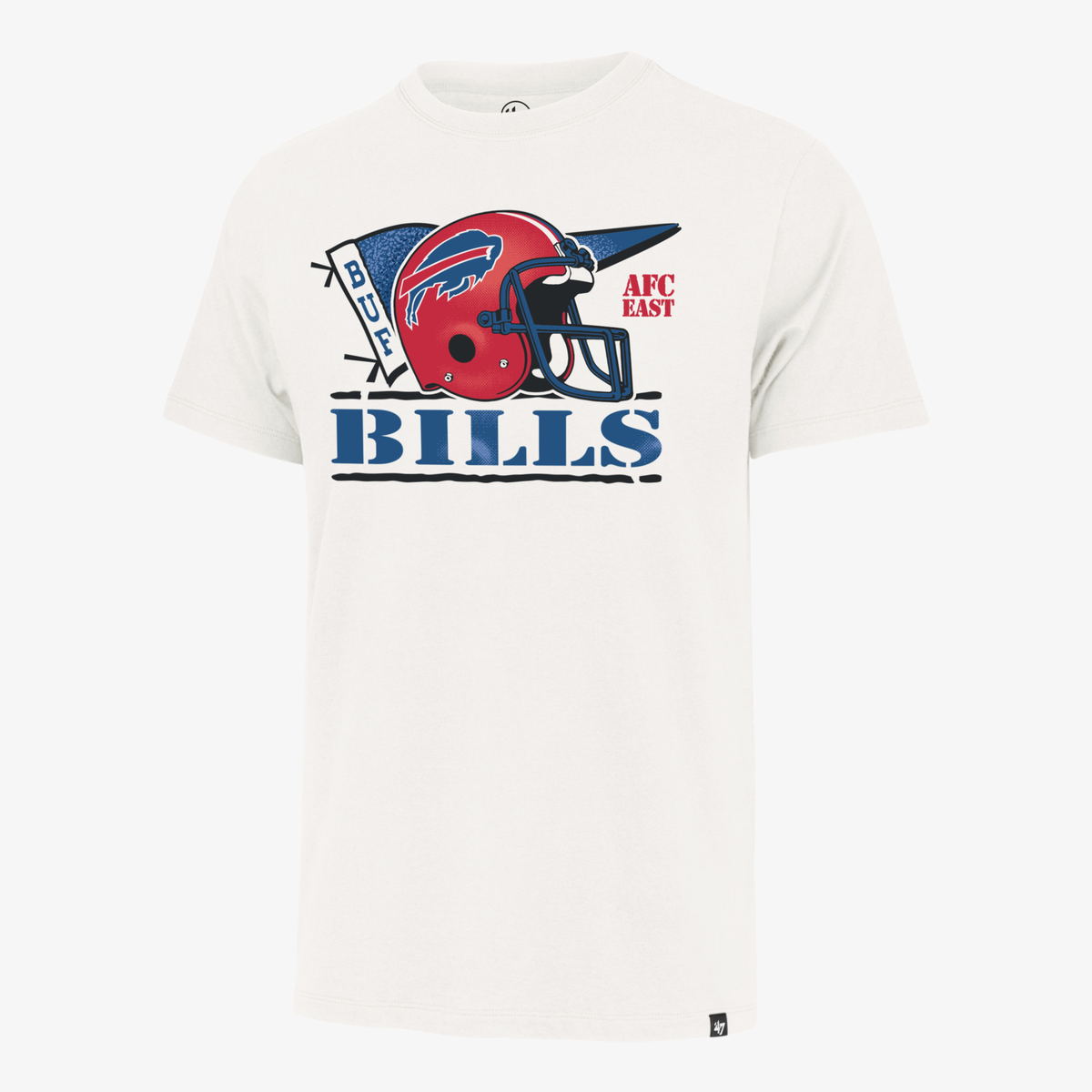 '47 Buffalo Bills cream T-shirt with retro red helmet graphic and Bills lettering