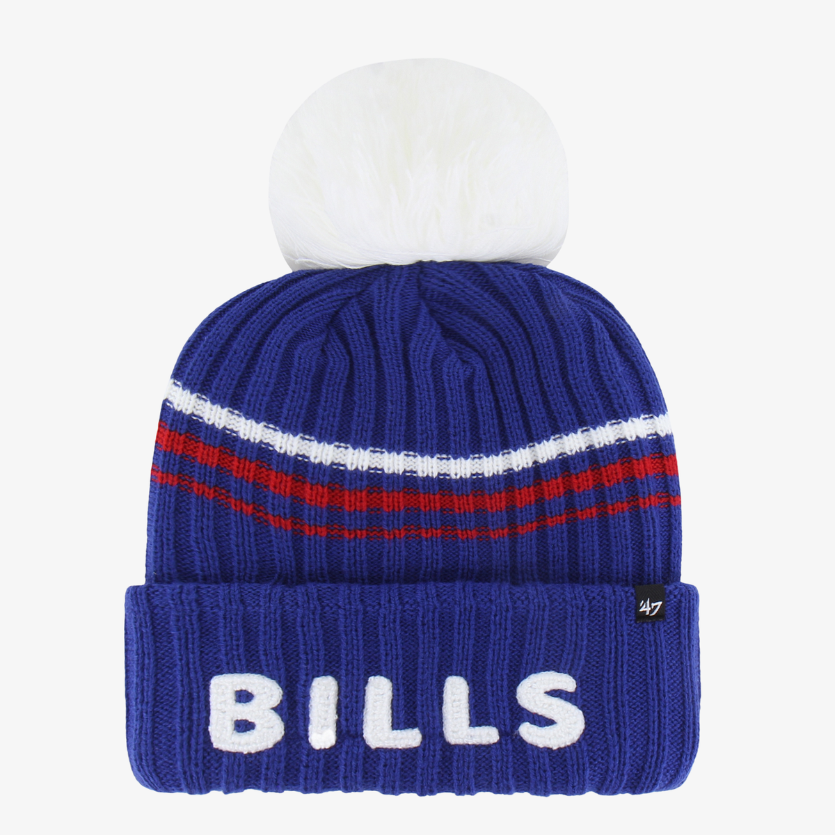 '47 Brand Women's Buffalo Bills Royal Blue Striped Faux Fur Pom Cuffed Knit Beanie