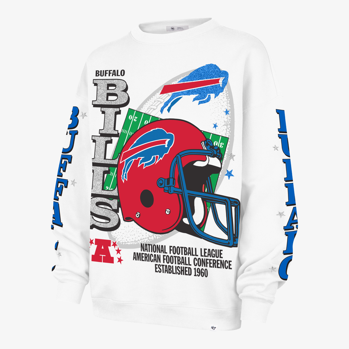'47 Women's Buffalo Bills white oversized crewneck with retro helmet and sleeve graphics