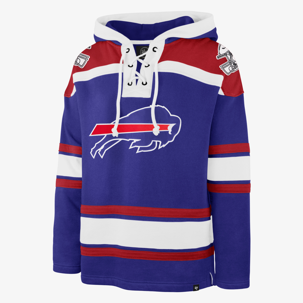 '47 Buffalo Bills royal blue Lacer Hoodie with lace-up neckline, red and white stripes and team logo