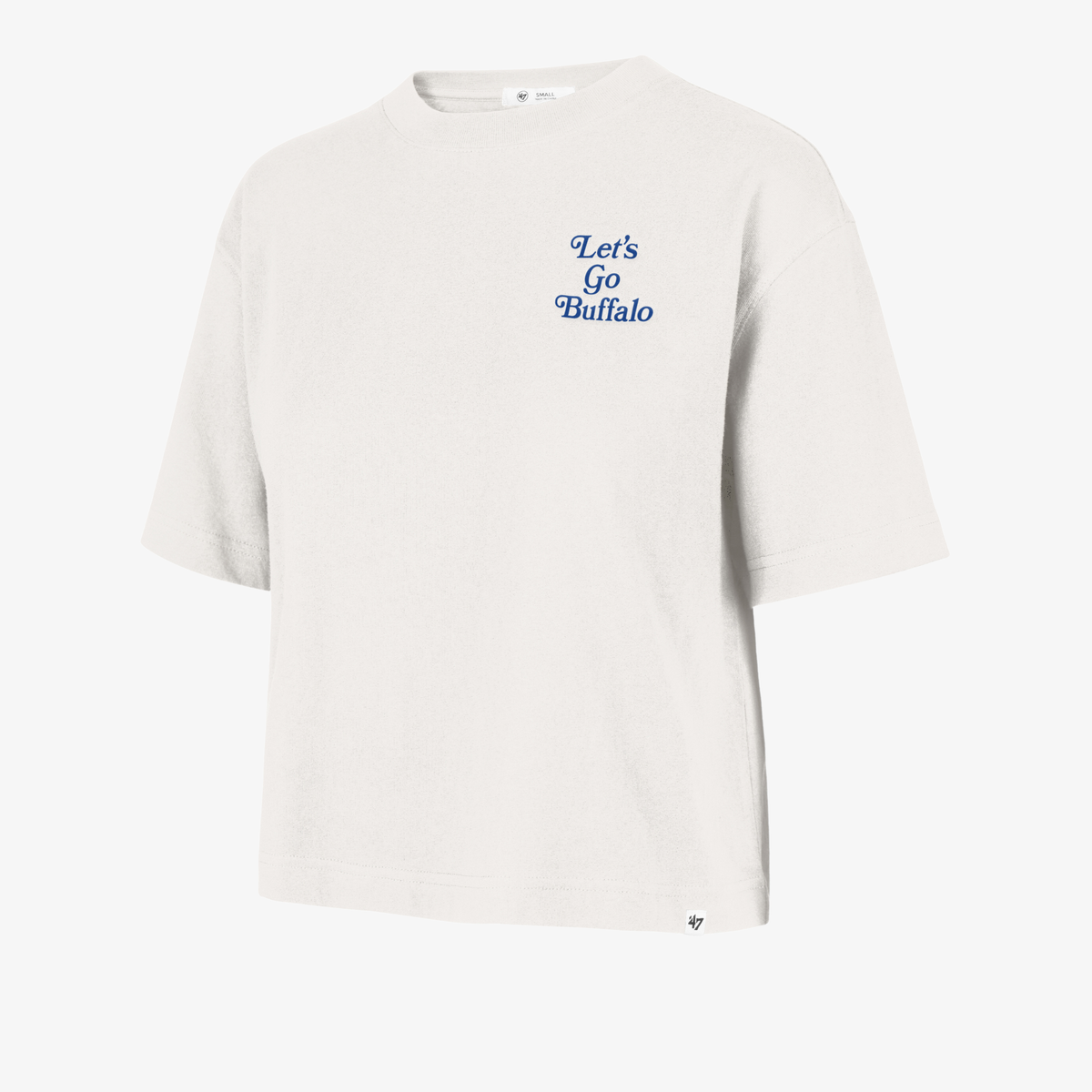 '47 Brand Buffalo Bills women's cream cropped T-shirt featuring a royal blue Let's Go Buffalo script graphic on the left chest.