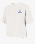 '47 Brand Buffalo Bills women's cream cropped T-shirt featuring a royal blue Let's Go Buffalo script graphic on the left chest.