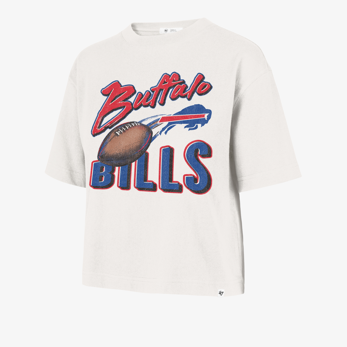 '47 Brand Buffalo Bills women's cream cropped T-shirt featuring distressed Buffalo script, a football illustration, charging buffalo logo, and bold Bills lettering.