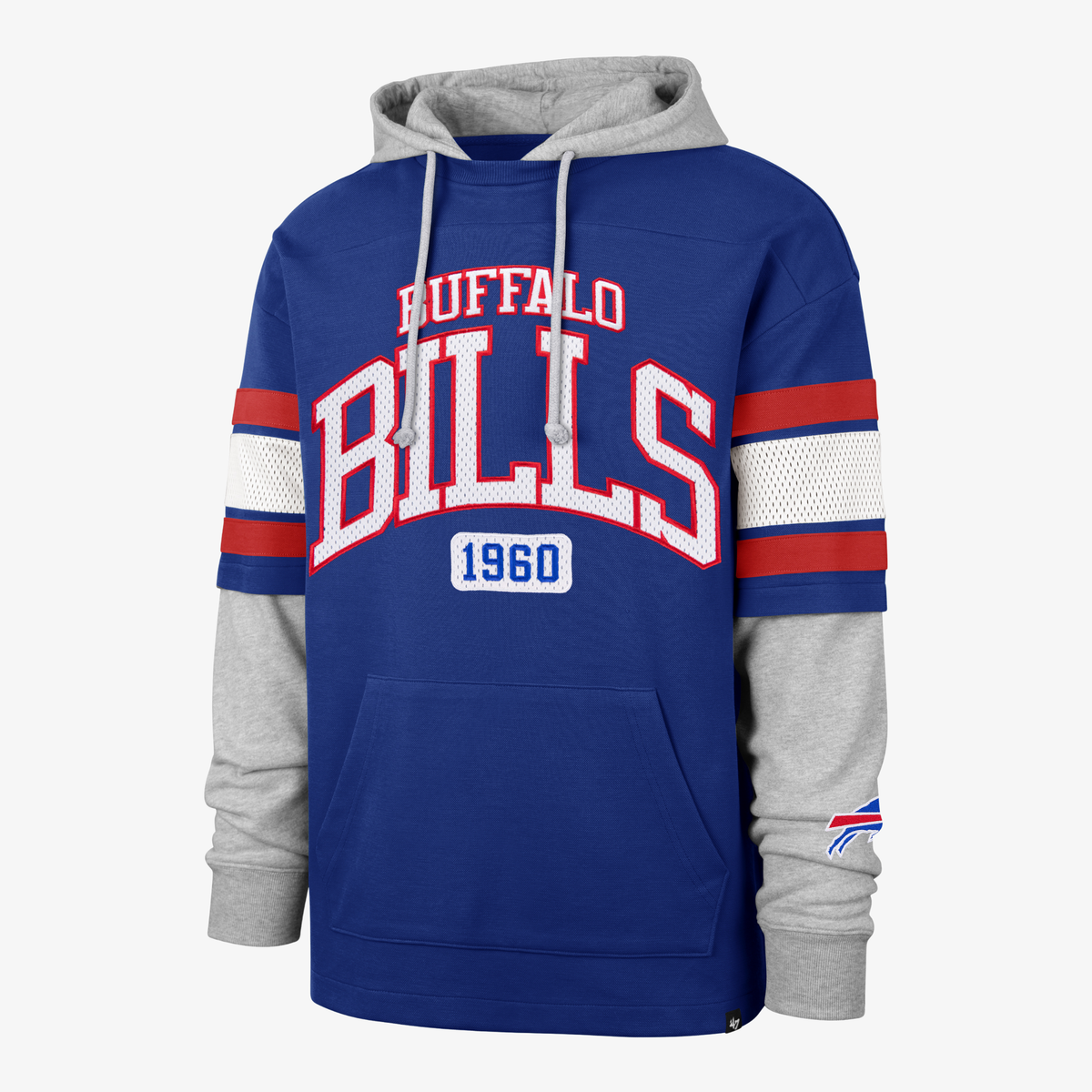 '47 Brand Buffalo Bills royal blue and heather gray pullover hoodie featuring oversized Bills 1960 graphics, red and white striped jersey sleeves, and a layered design.