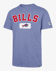 '47 Brand Buffalo Bills slate blue short sleeve T-shirt featuring arched red BILLS lettering with white outlines, a charging buffalo logo on a white rectangular patch, and a crew neckline.