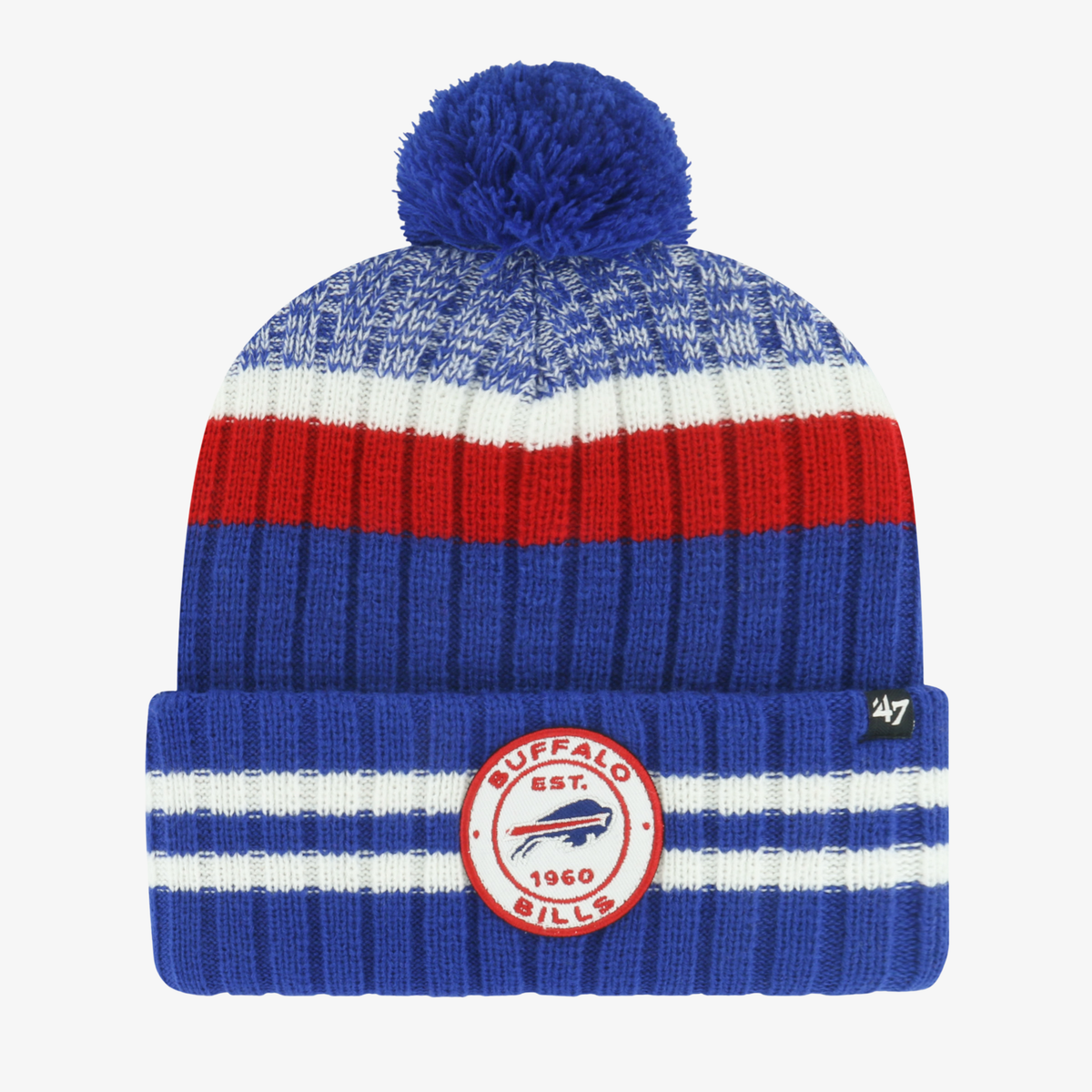 '47 Brand Buffalo Bills royal blue pom knit hat with red and white stripes, marled blue and white crown, blue yarn pom, and circular Buffalo Bills Established 1960 logo patch on the cuff.