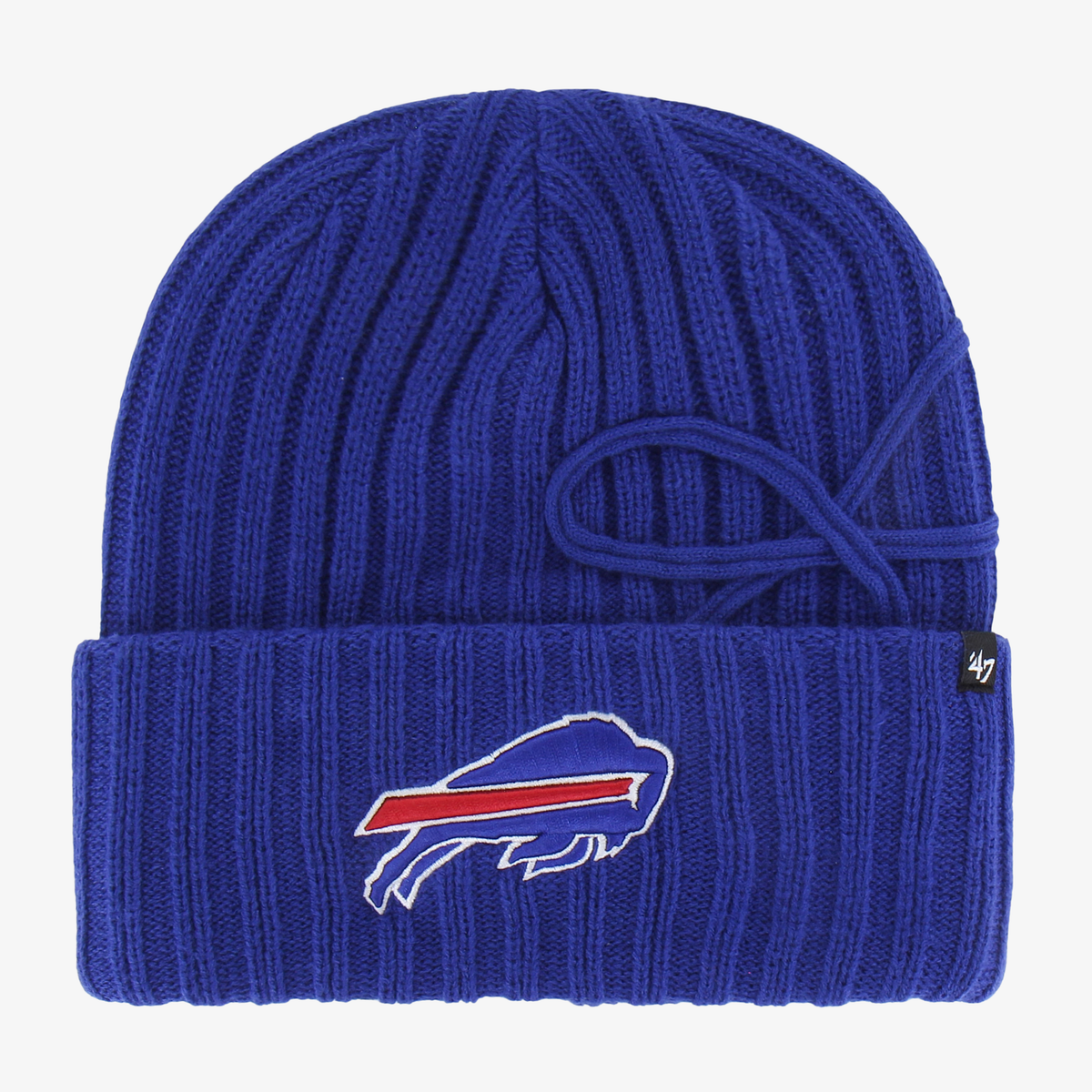 '47 Brand women's Buffalo Bills royal blue ribbed knit cuffed beanie featuring a decorative knit bow on the side and embroidered charging buffalo logo on the front.