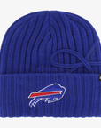 '47 Brand women's Buffalo Bills royal blue ribbed knit cuffed beanie featuring a decorative knit bow on the side and embroidered charging buffalo logo on the front.