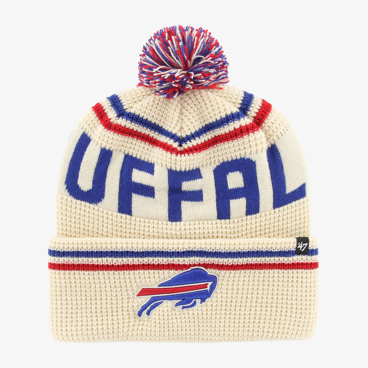 '47 Brand Buffalo Bills cream knit hat with oversized royal blue BUFFALO lettering, red and blue V-shaped stripes, embroidered charging buffalo logo on cuff, and multicolored pom.
