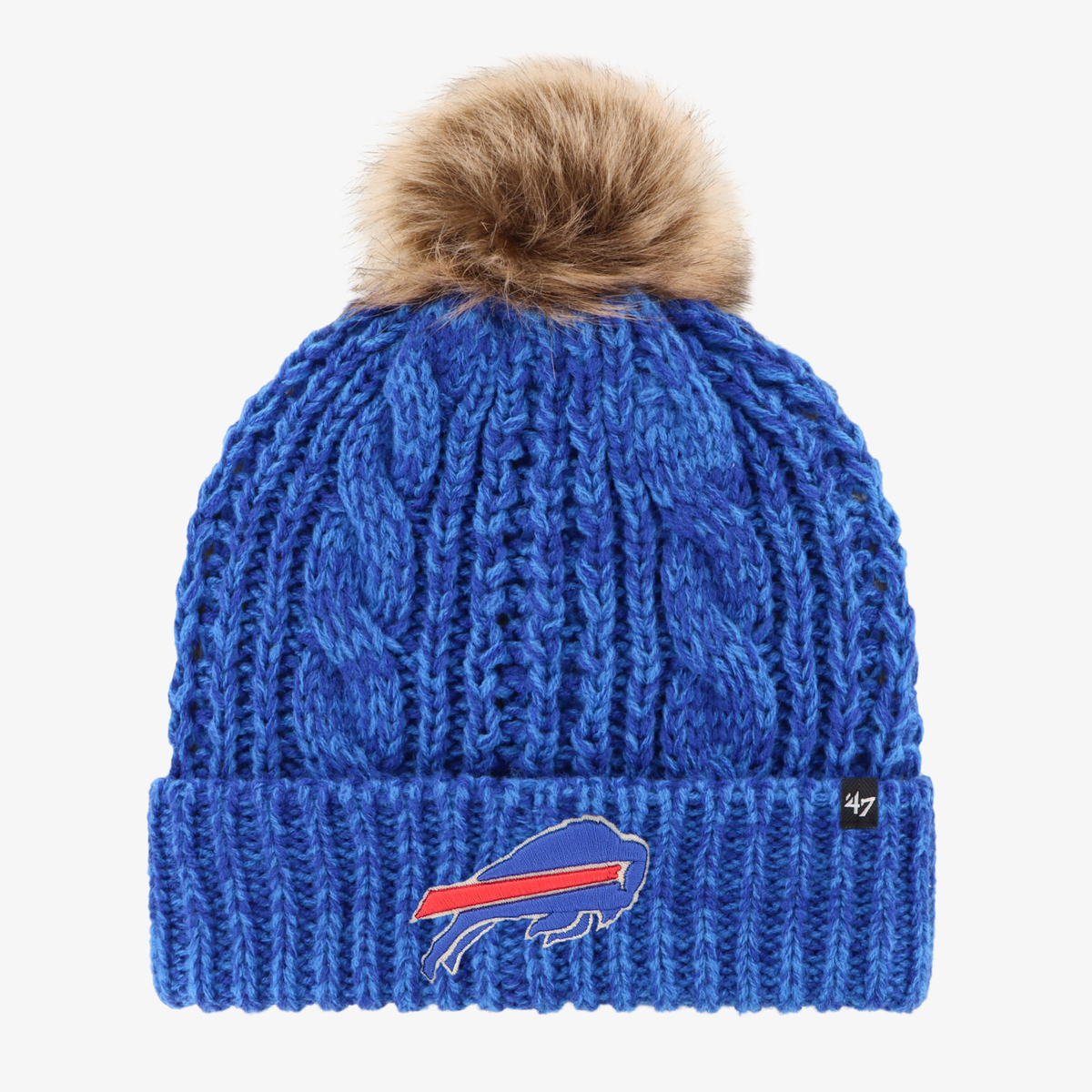 '47 Brand women's Buffalo Bills royal blue cable knit beanie featuring an embroidered charging buffalo logo, folded ribbed cuff, and tan faux fur pom.