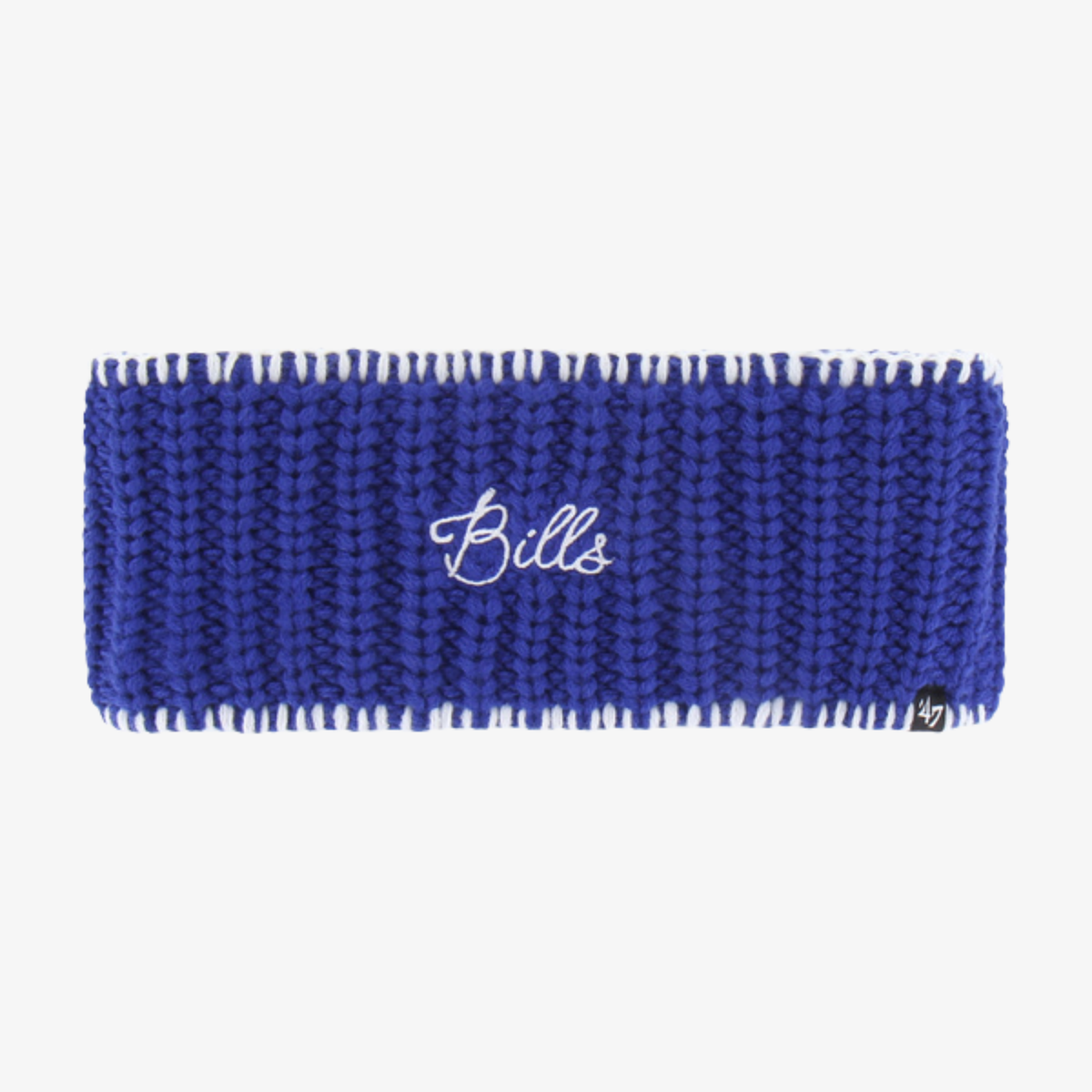 '47 Brand women's royal blue Buffalo Bills knit headband featuring white embroidered Bills script lettering, chunky ribbed texture, and white trim.
