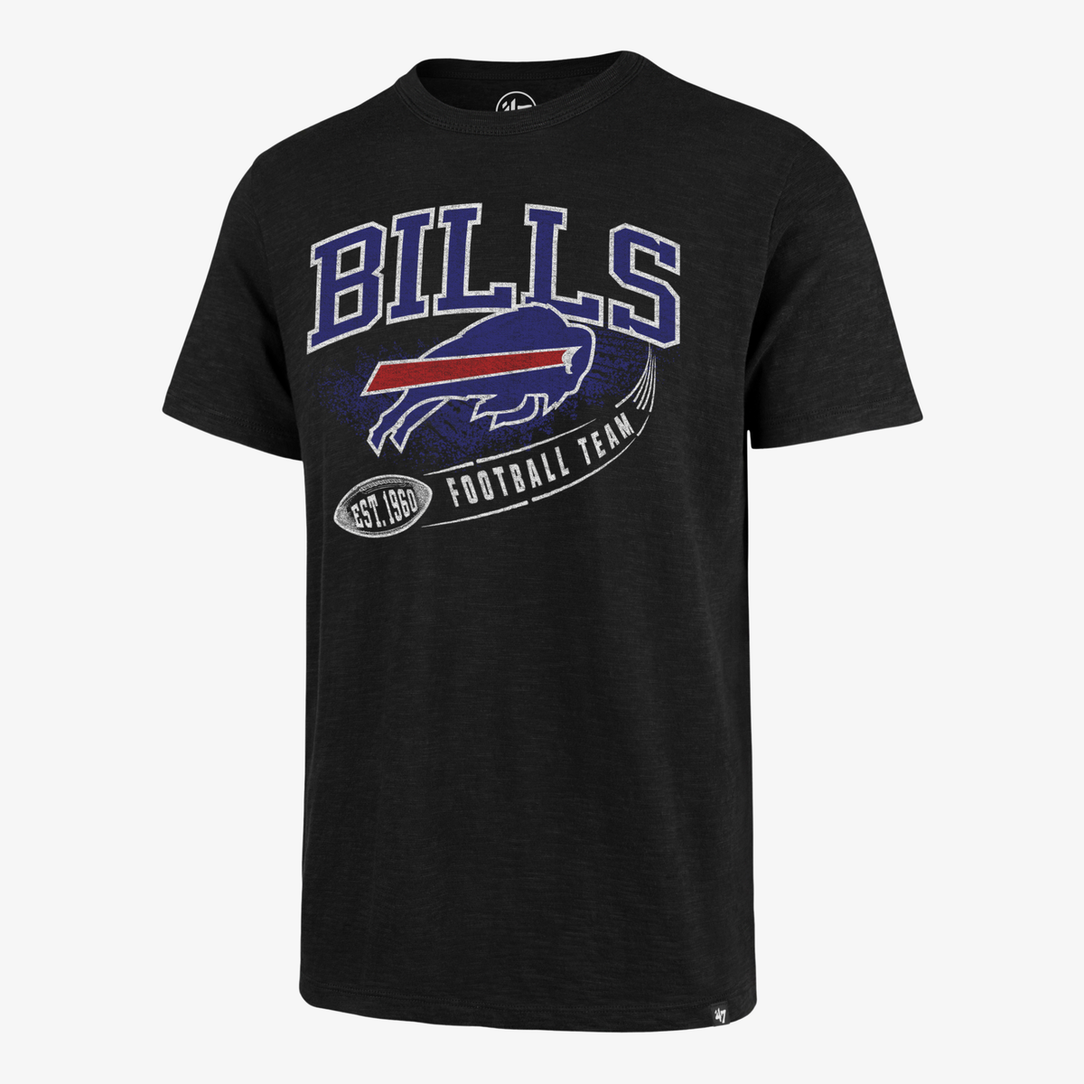 '47 Brand Buffalo Bills black short sleeve T-shirt featuring distressed royal blue BILLS lettering, charging buffalo logo, vintage football graphic, and EST. 1960 detail.