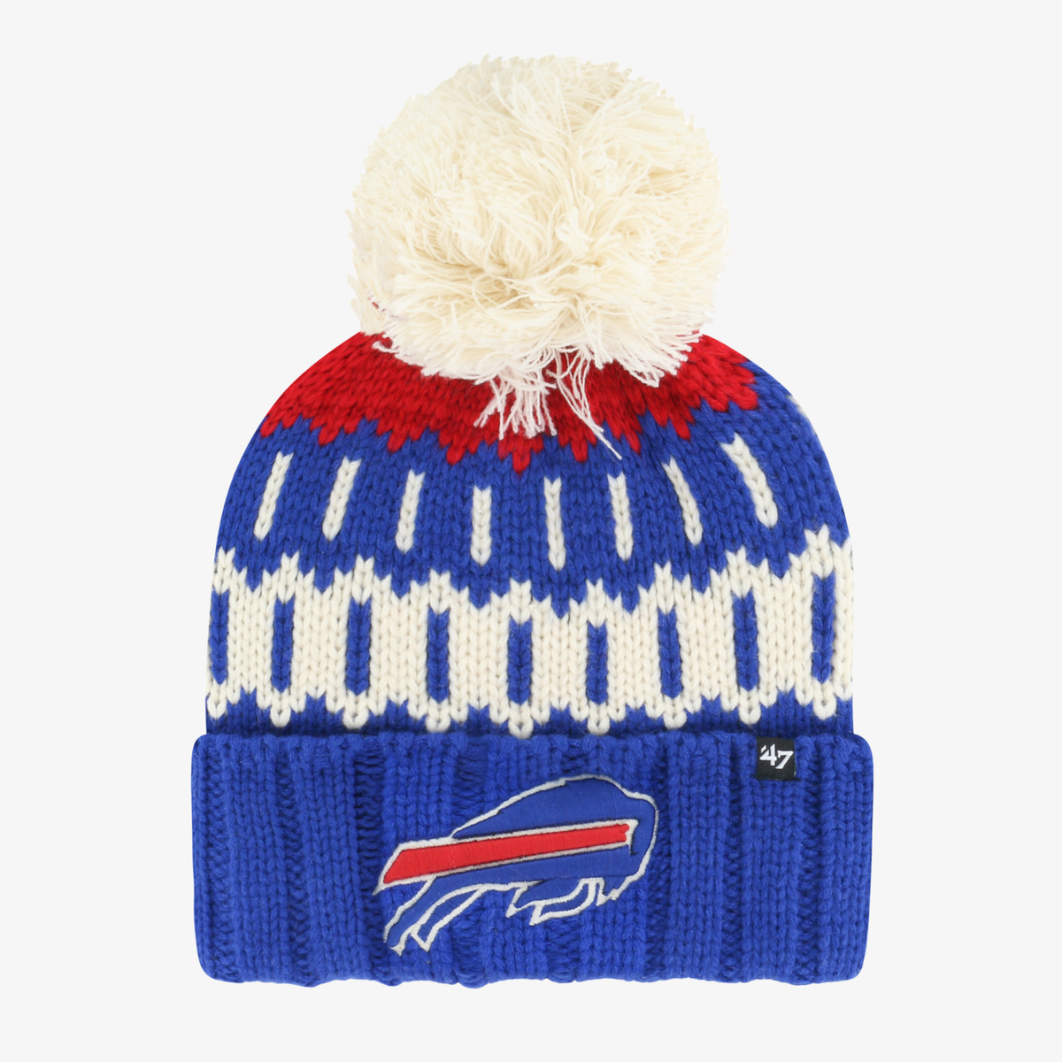 '47 Brand women's Buffalo Bills royal blue patterned knit pom beanie featuring red and cream geometric details, embroidered charging buffalo logo, folded cuff, and large cream yarn pom.