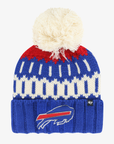 '47 Brand women's Buffalo Bills royal blue patterned knit pom beanie featuring red and cream geometric details, embroidered charging buffalo logo, folded cuff, and large cream yarn pom.
