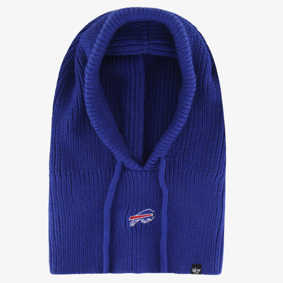 '47 Brand Women's Buffalo Bills royal blue ribbed knit hooded balaclava featuring adjustable drawstrings and an embroidered charging buffalo logo.