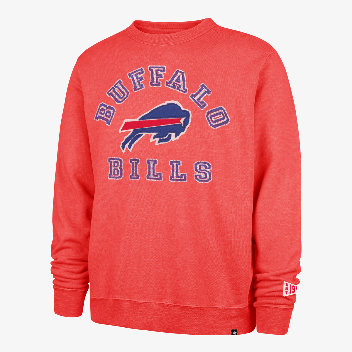 '47 Brand Buffalo Bills red vintage wash French terry crewneck sweatshirt featuring distressed blue Buffalo Bills lettering, charging buffalo logo, and ribbed trim.