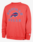 '47 Brand Buffalo Bills red vintage wash French terry crewneck sweatshirt featuring distressed blue Buffalo Bills lettering, charging buffalo logo, and ribbed trim.
