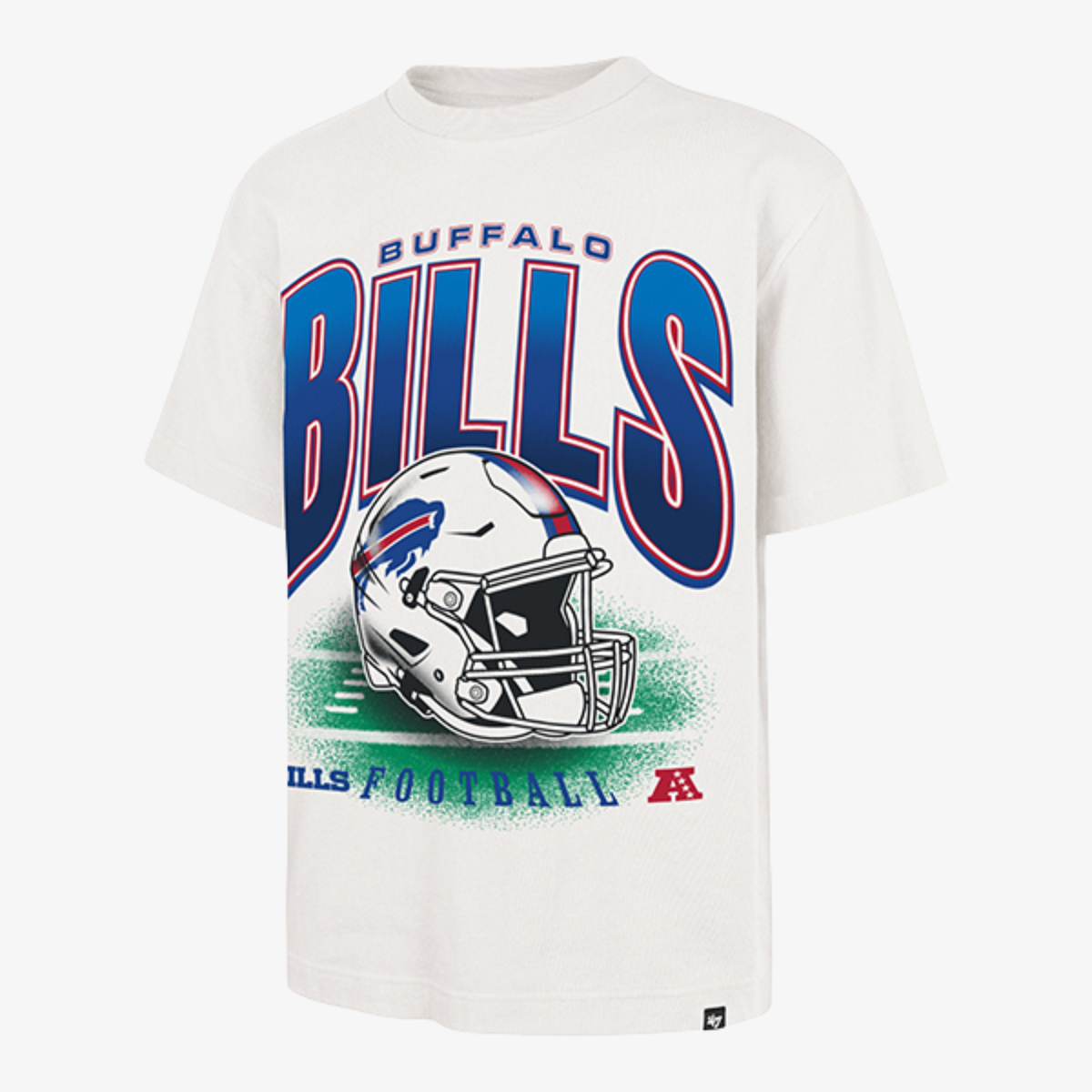 '47 Buffalo Bills cream T-shirt with oversized Bills lettering and football helmet graphic