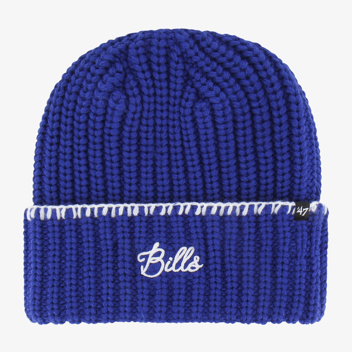 '47 Brand women's Buffalo Bills royal blue cable knit beanie with white embroidered Bills script, folded cuff, and contrasting white stitching.