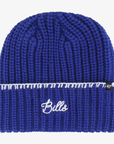 '47 Brand women's Buffalo Bills royal blue cable knit beanie with white embroidered Bills script, folded cuff, and contrasting white stitching.