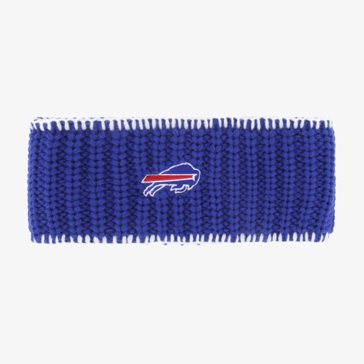 '47 Brand women's royal blue Buffalo Bills knit headband featuring an embroidered charging buffalo logo, textured ribbed knit, and white stitched edges.