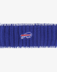 '47 Brand women's royal blue Buffalo Bills knit headband featuring an embroidered charging buffalo logo, textured ribbed knit, and white stitched edges.