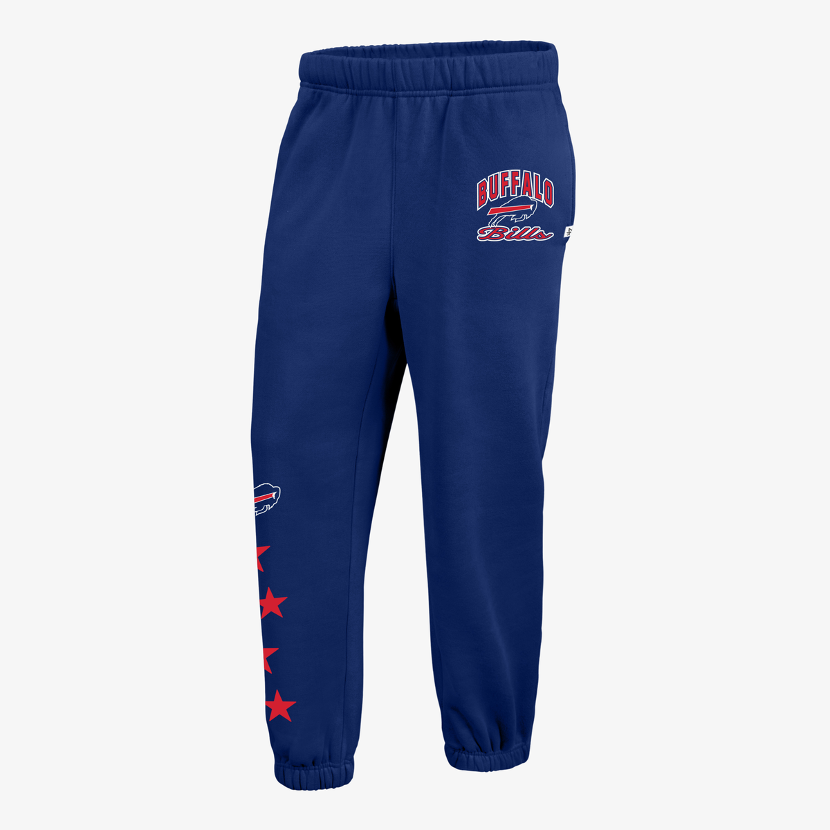 '47 Brand women's royal blue Buffalo Bills jogger sweatpants featuring Buffalo Bills lettering and logo on the upper leg, red stars down the opposite leg, and elastic ankle cuffs.