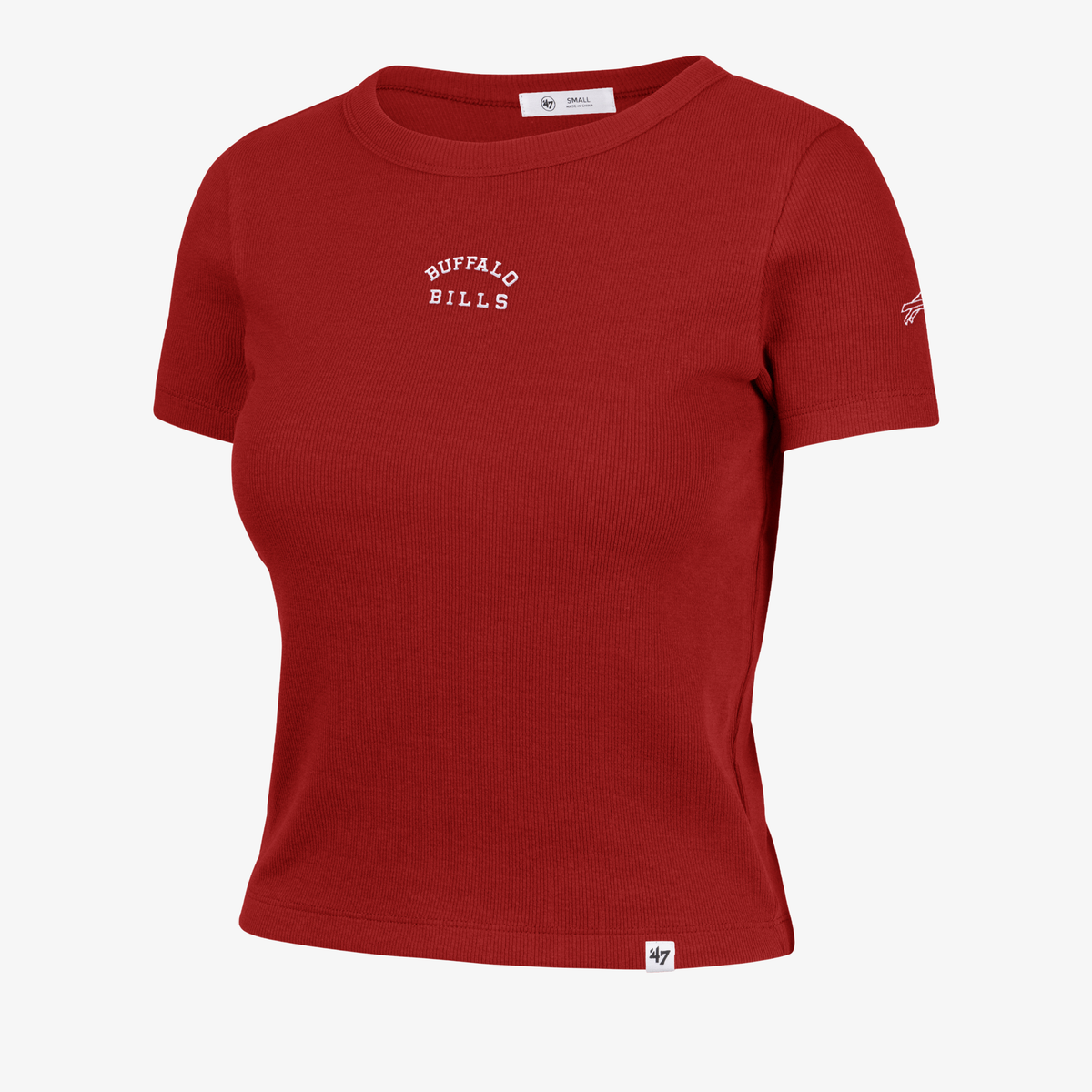 '47 Brand Buffalo Bills women's red ribbed baby tee featuring small white Buffalo Bills lettering on the chest and a charging buffalo logo on the sleeve.